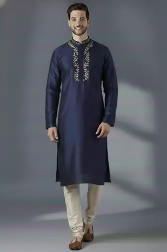 Navy embroidered dupion silk kurta set