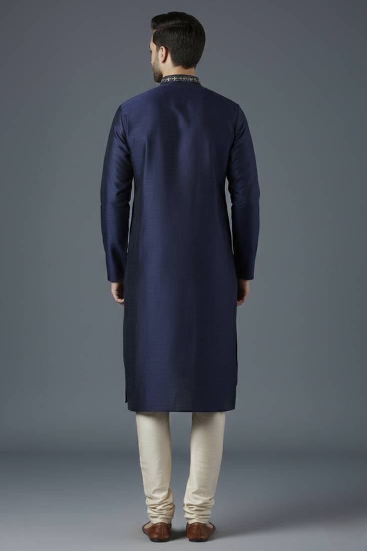 Navy embroidered dupion silk kurta set