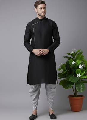 Black embroidered dupion silk kurta set 1