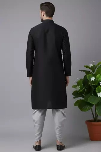 Black embroidered dupion silk kurta set