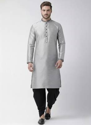Grey embroidered dupion silk kurta set 1