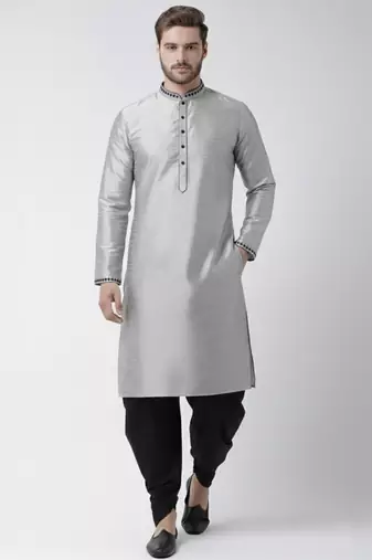 Grey embroidered dupion silk kurta set