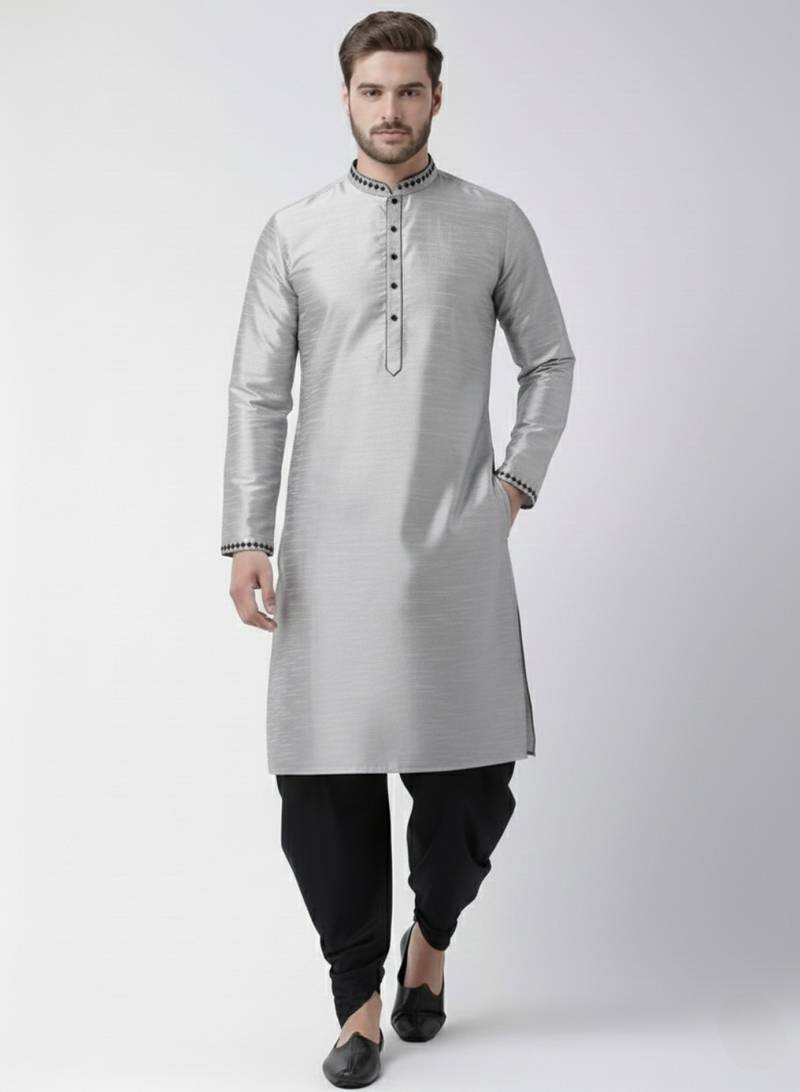 Grey embroidered dupion silk kurta set