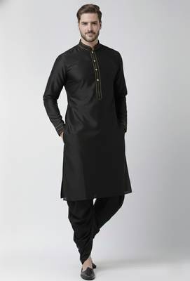 Black embroidered dupion silk kurta set 1