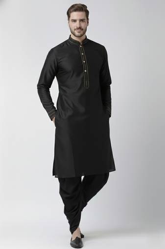 Black embroidered dupion silk kurta set