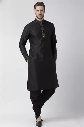 Black embroidered dupion silk kurta set