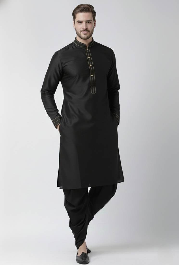 Black embroidered dupion silk kurta set