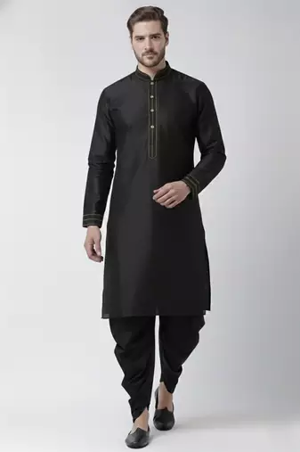 Black embroidered dupion silk kurta set