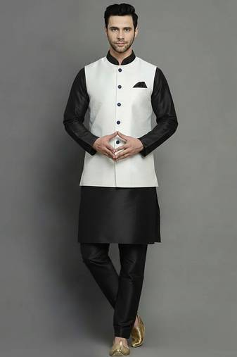 White-black dupion silk kurta set