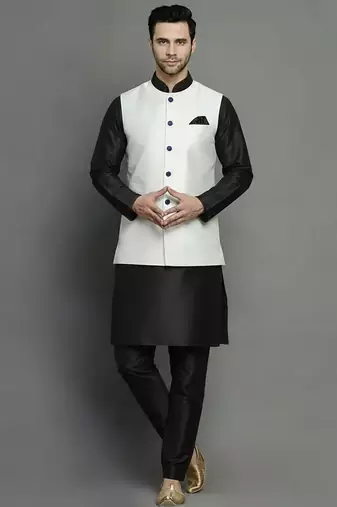 White-black dupion silk kurta set