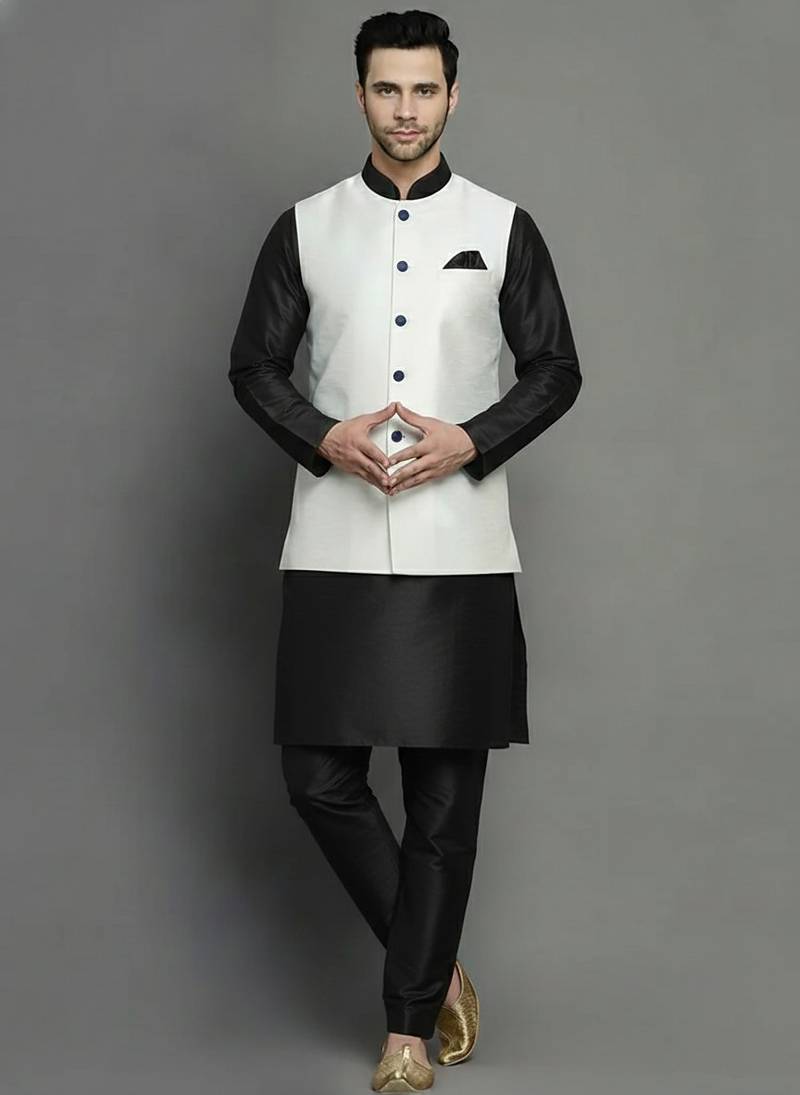 White-black dupion silk kurta set