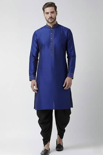 Royal blue embroidered dupion silk kurta set