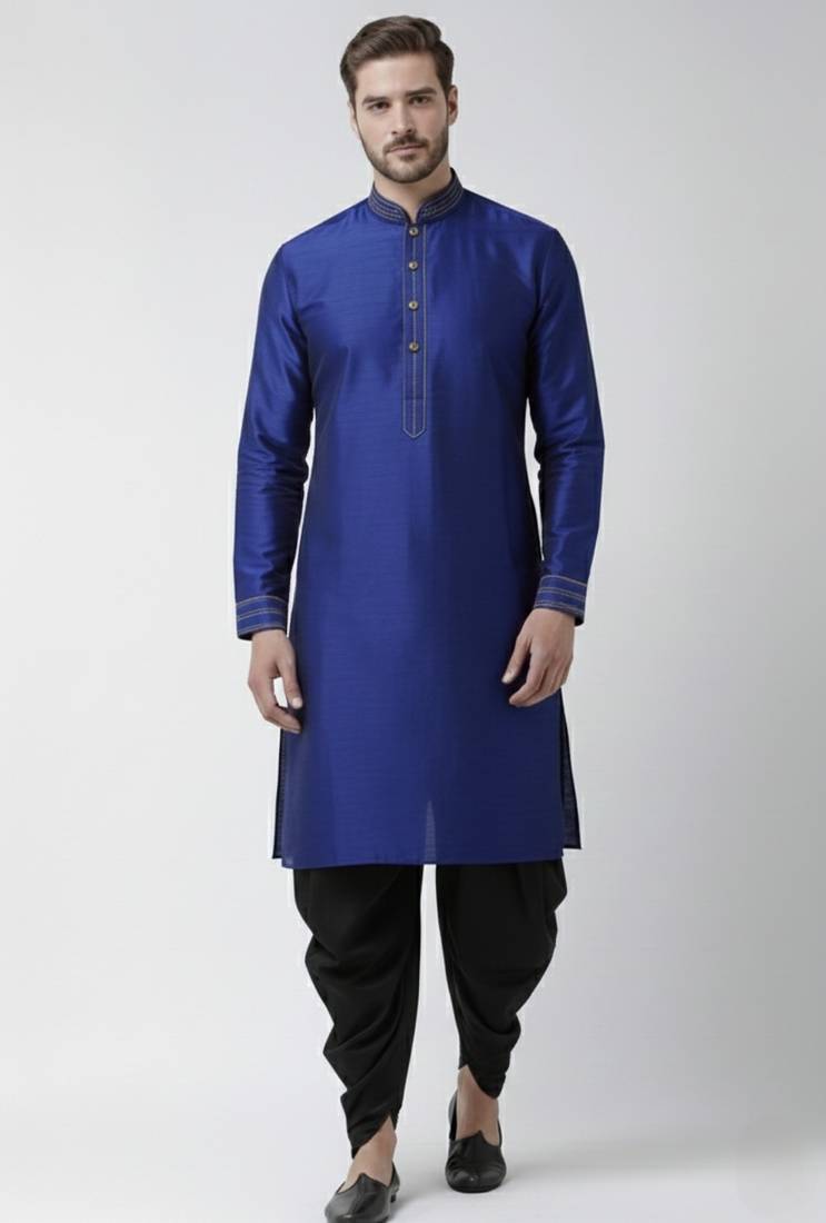 Royal blue embroidered dupion silk kurta set