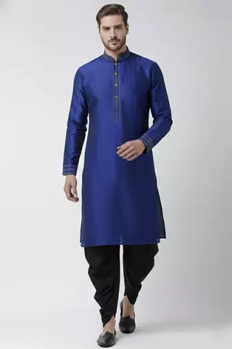Royal blue embroidered dupion silk kurta set