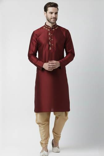Maroon embroidered dupion silk kurta set