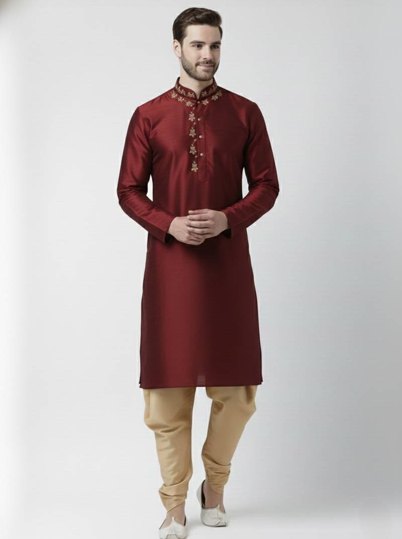 Maroon embroidered dupion silk kurta set