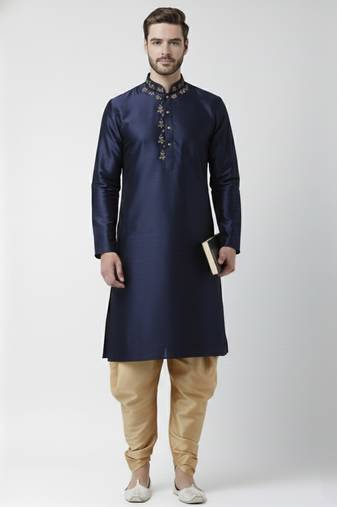 Navy embroidered dupion silk kurta set