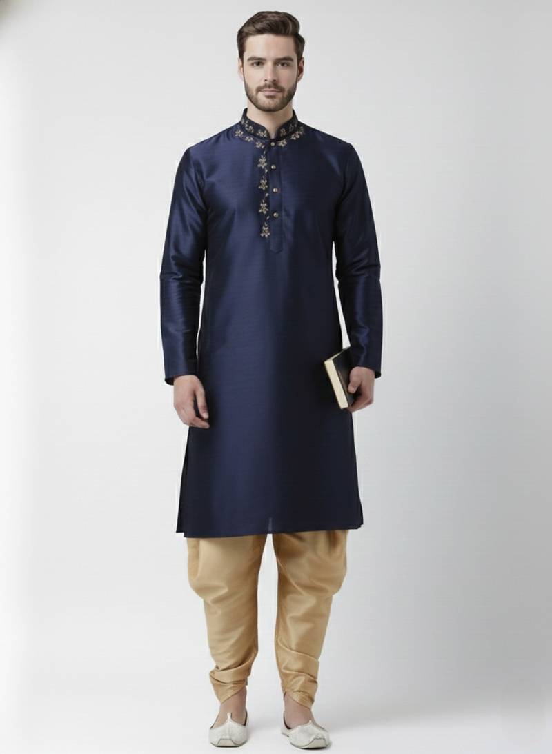 Navy embroidered dupion silk kurta set