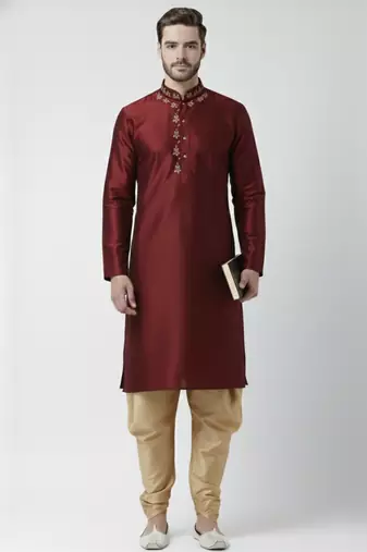 Maroon embroidered dupion silk kurta set