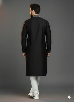 Black embroidered dupion silk kurta set 2
