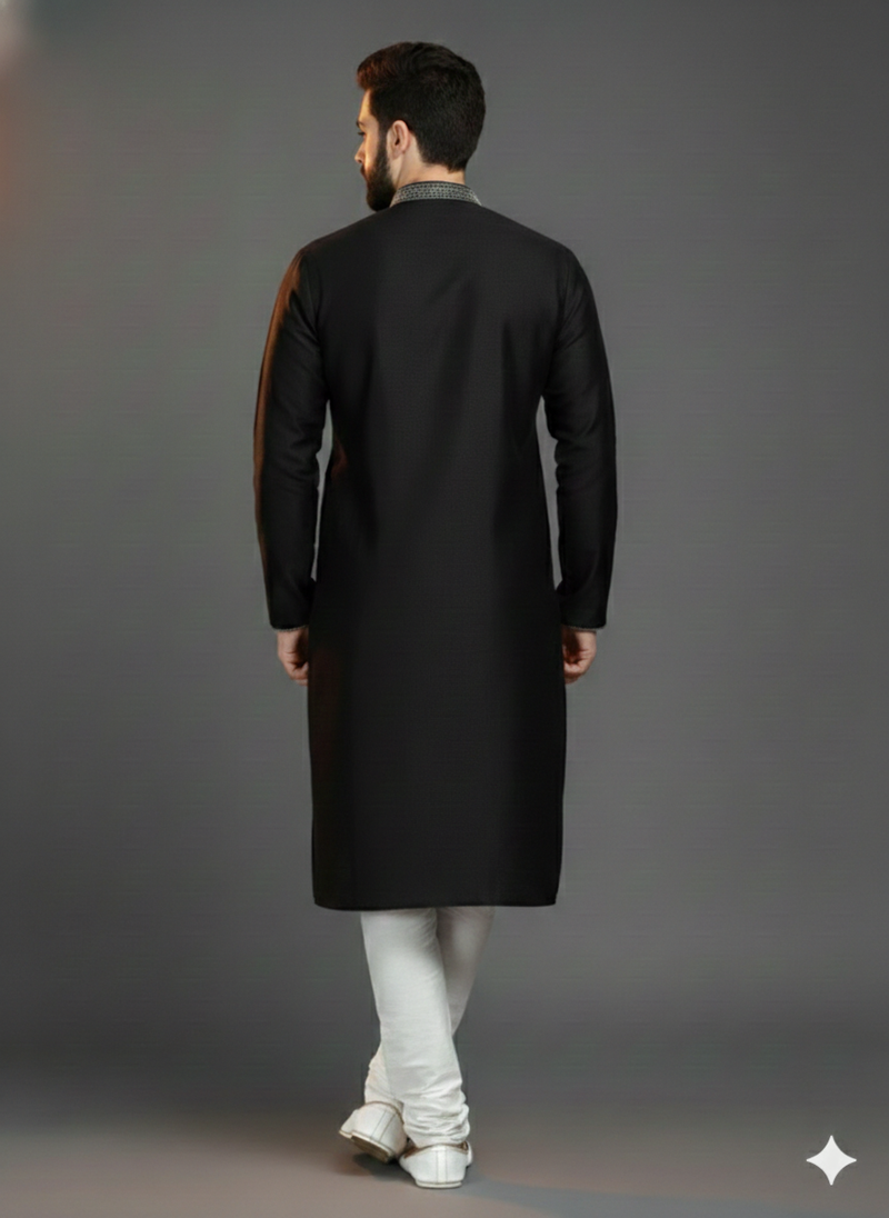 Black embroidered dupion silk kurta set