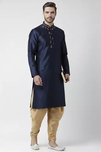 Navy embroidered dupion silk kurta set
