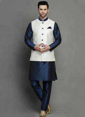 White-navy dupion silk kurta set 1