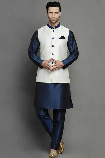 White-navy dupion silk kurta set