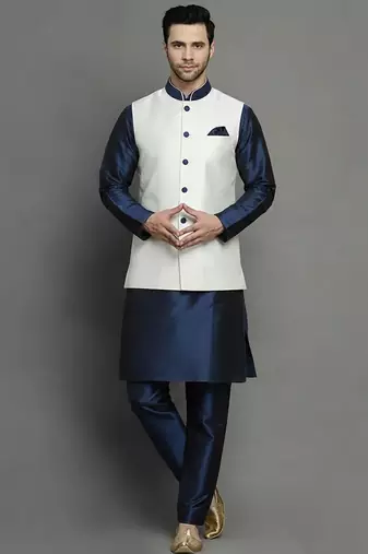 White-navy dupion silk kurta set