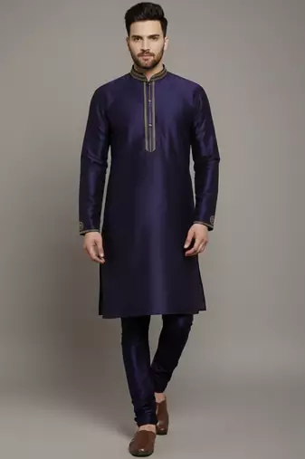 Navy embroidered dupion silk kurta set