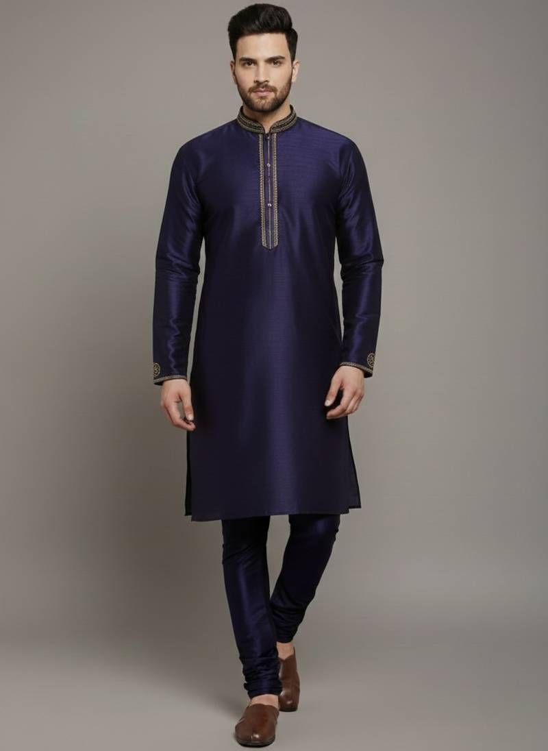 Navy embroidered dupion silk kurta set