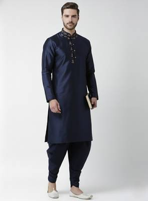 Navy embroidered dupion silk kurta set 1