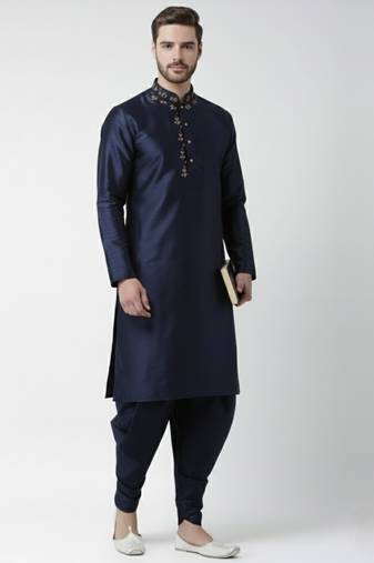 Navy embroidered dupion silk kurta set
