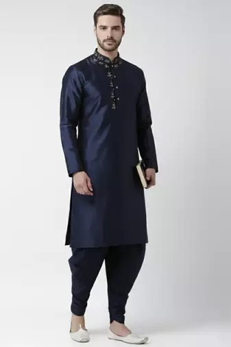 Navy embroidered dupion silk kurta set