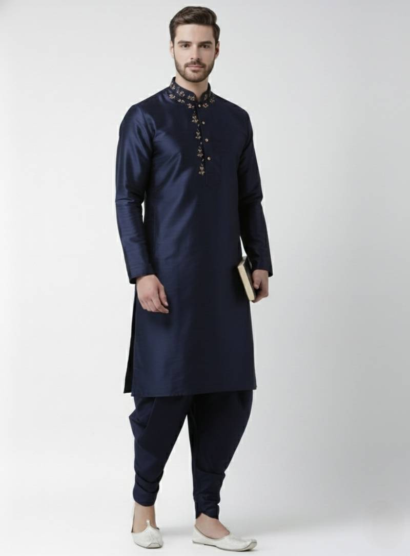Navy embroidered dupion silk kurta set