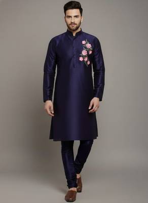 Navy embroidered dupion silk kurta set 1
