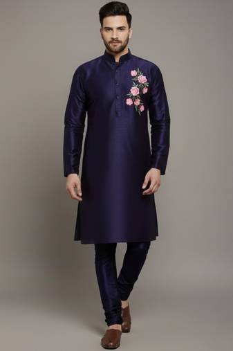 Navy embroidered dupion silk kurta set