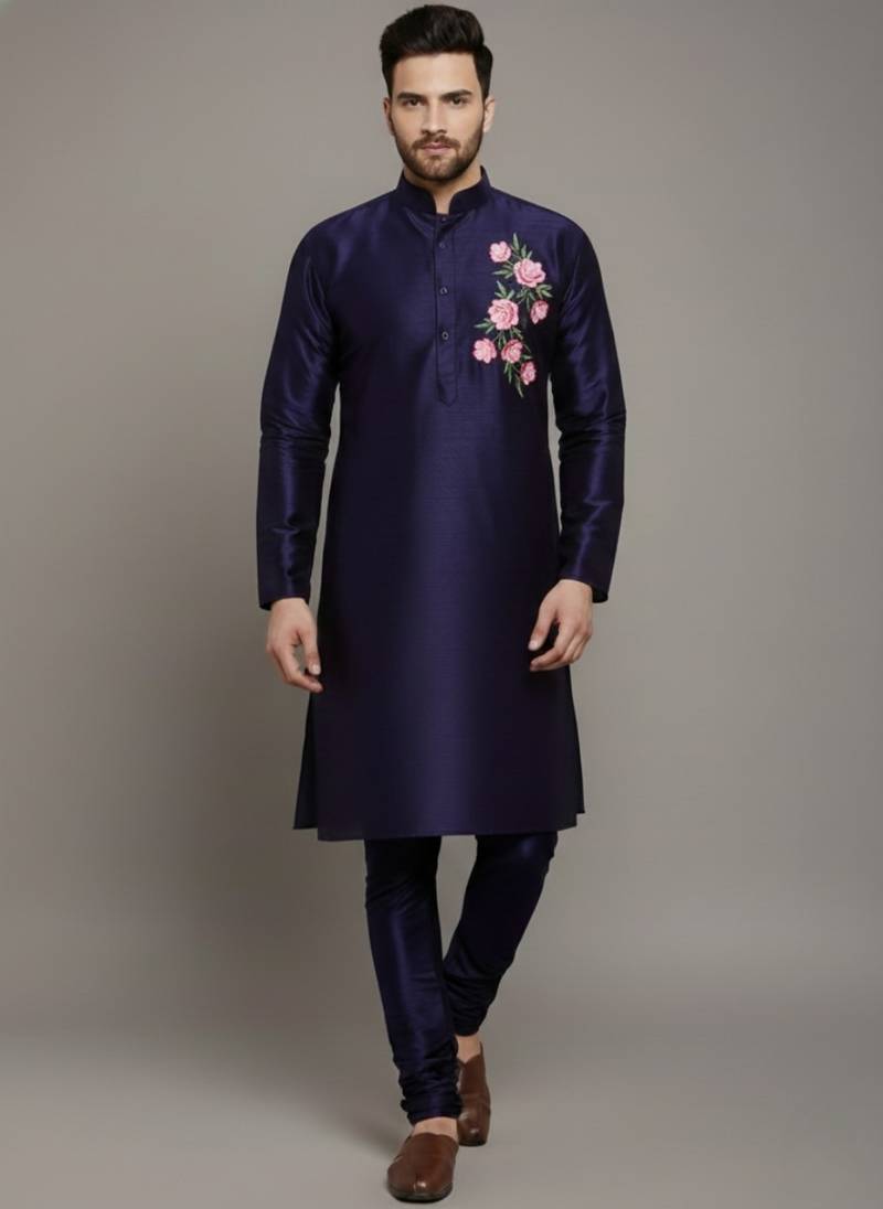 Navy embroidered dupion silk kurta set