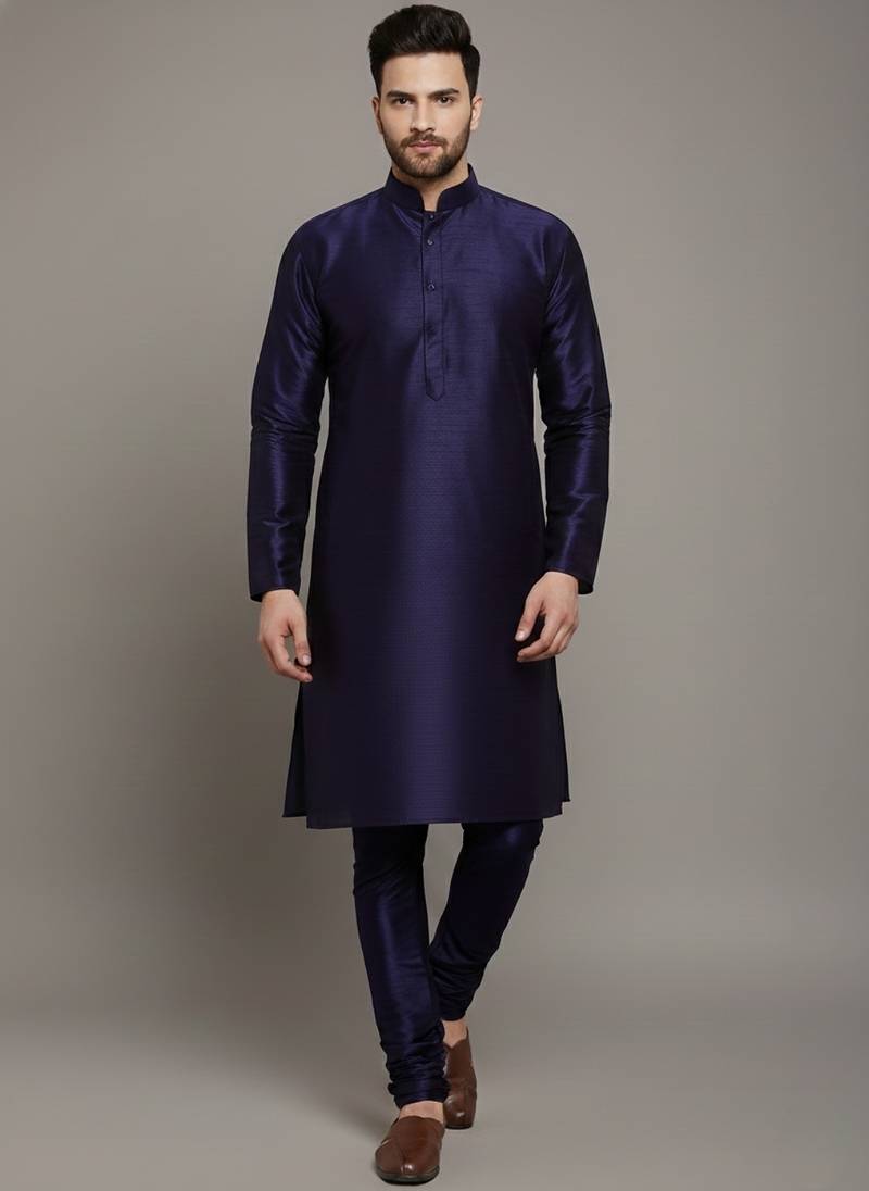 Navy embroidered dupion silk kurta set