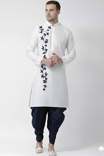 White embroidered dupion silk kurta set