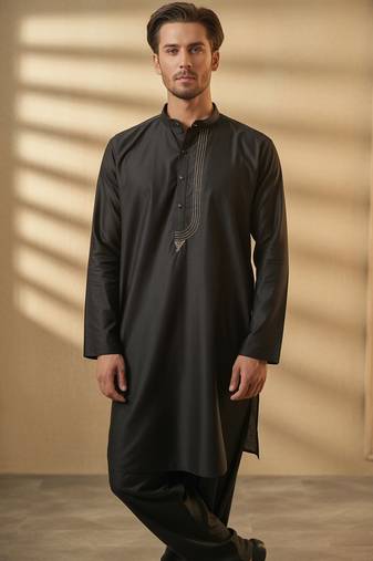 Black embroidered cotton kurta set