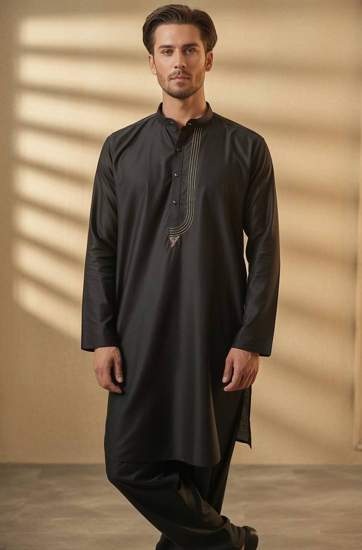 Black embroidered cotton kurta set