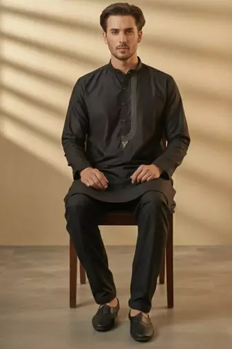 Black embroidered cotton kurta set