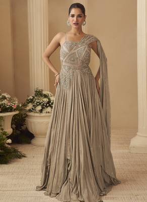 Beige chinon silk embroidered  trendy wedding look stylish gown 1
