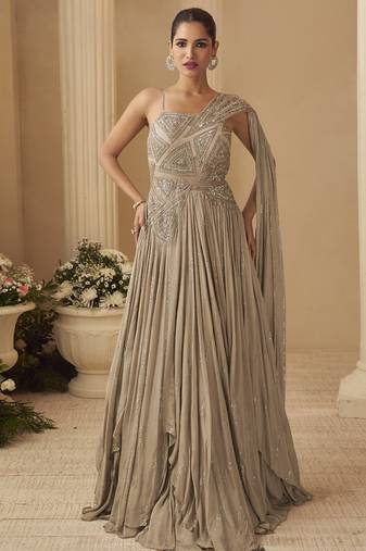 Beige chinon silk embroidered  trendy wedding look stylish gown