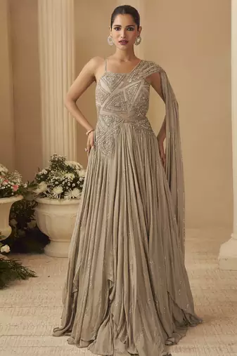 Beige chinon silk embroidered  trendy wedding look stylish gown