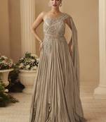 Beige chinon silk embroidered  trendy wedding look stylish gown
