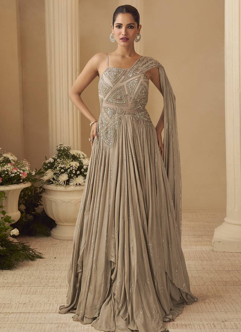 Beige chinon silk embroidered  trendy wedding look stylish gown