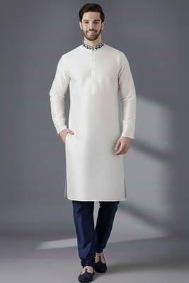 White embroidered dupion silk kurta set 1