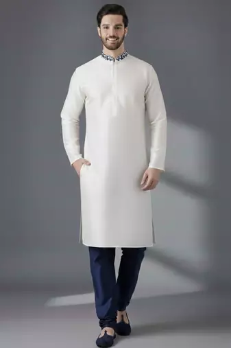 White embroidered dupion silk kurta set